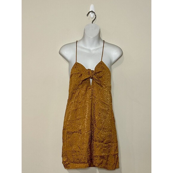 Motel Rocks Ronina Tie-Front Dress in Gold Satin Cheetah Print Size S EUC!! - Picture 2 of 5
